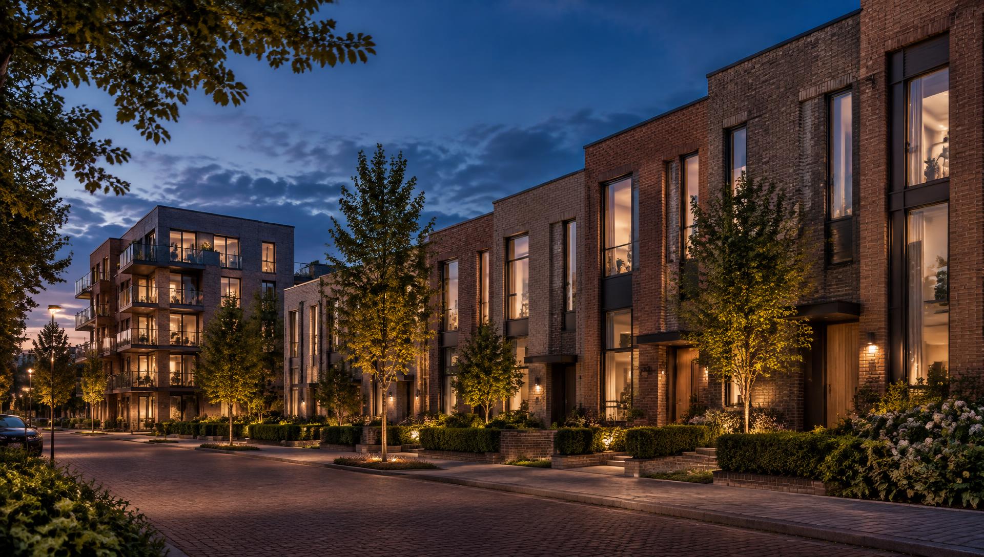 Moderne nieuwbouwwoningen in de avond